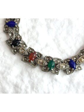 Art Deco Semi Rainbow Stone & Marcasite Vintage Chainlink Silver T Bracelet